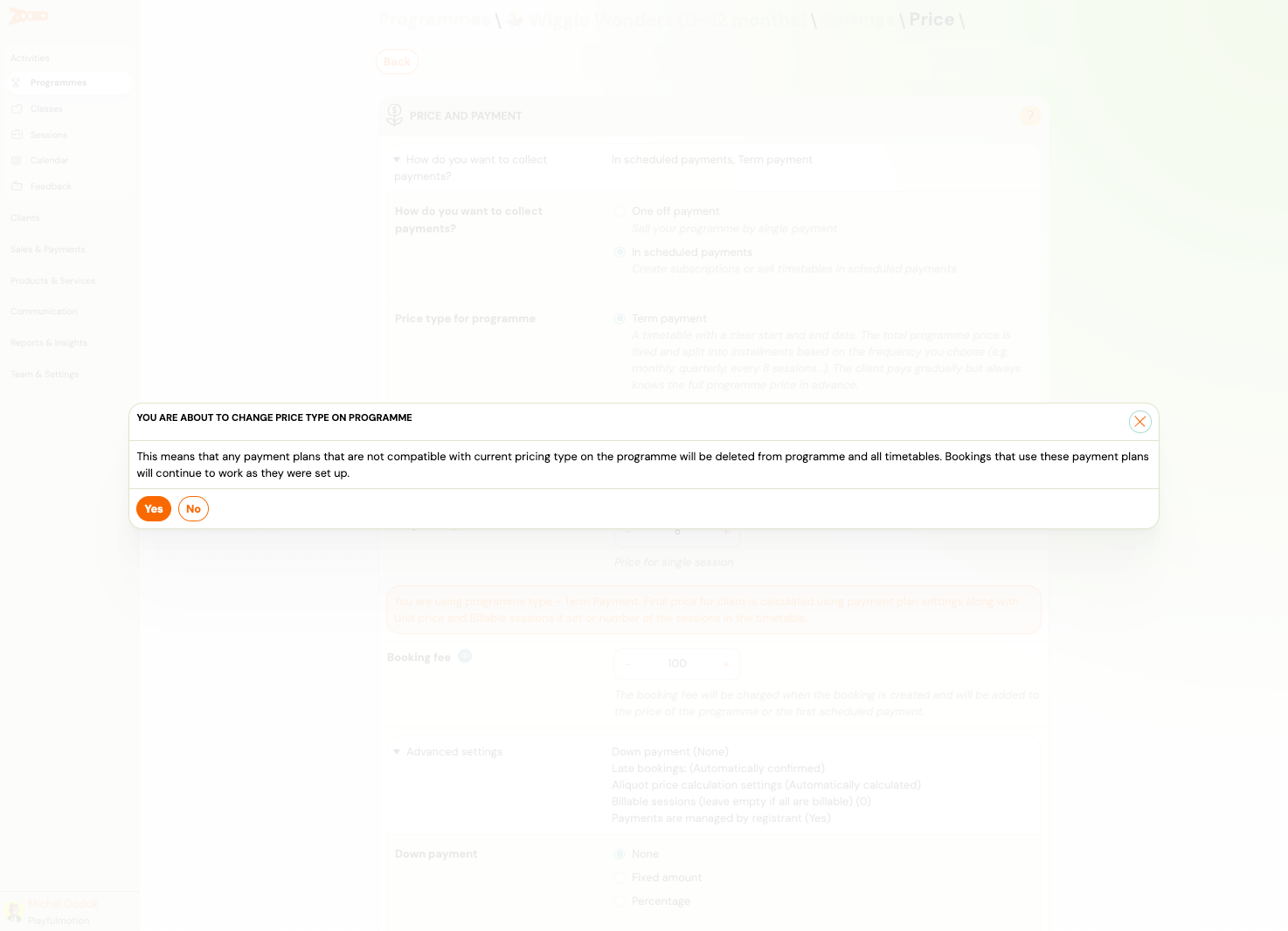Price and Payment settings