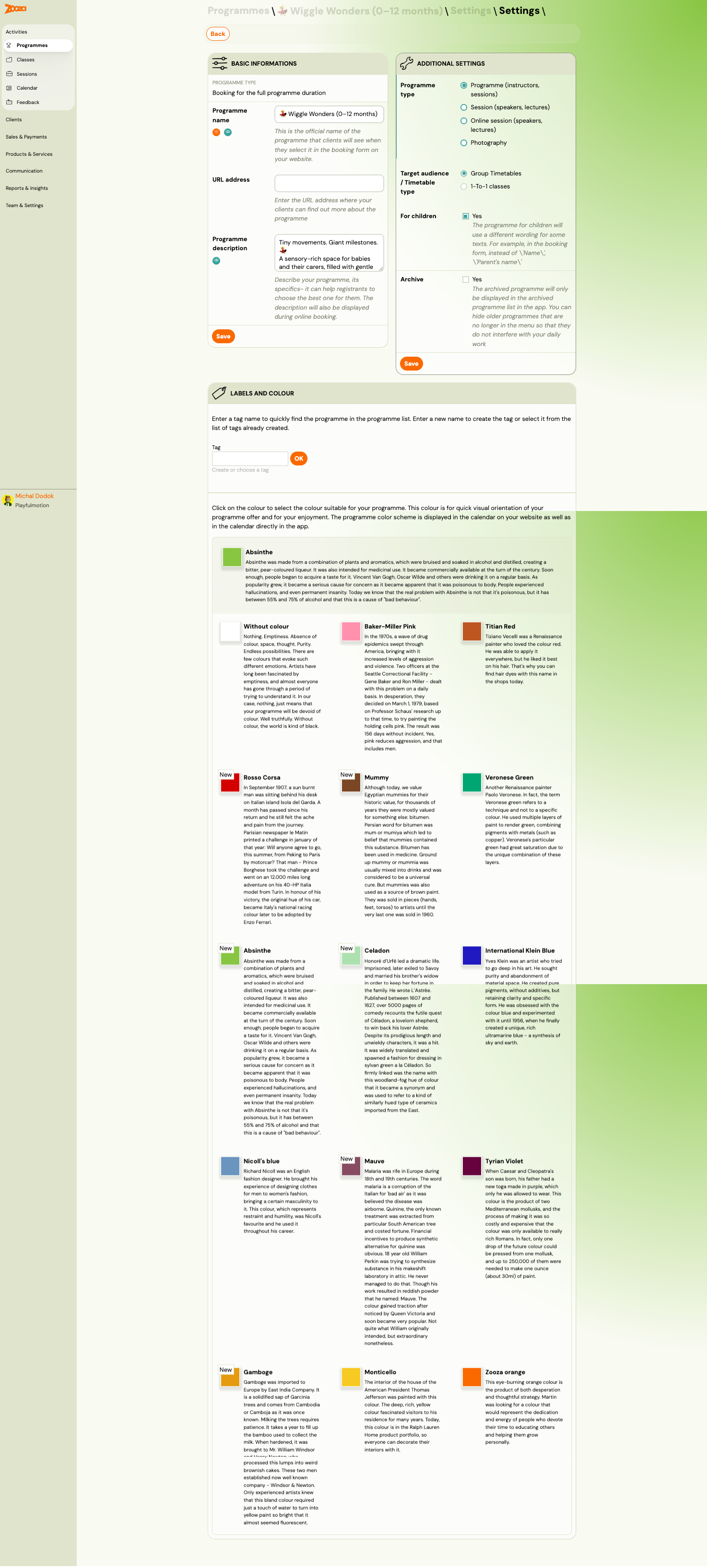 Programme Settings — basic info