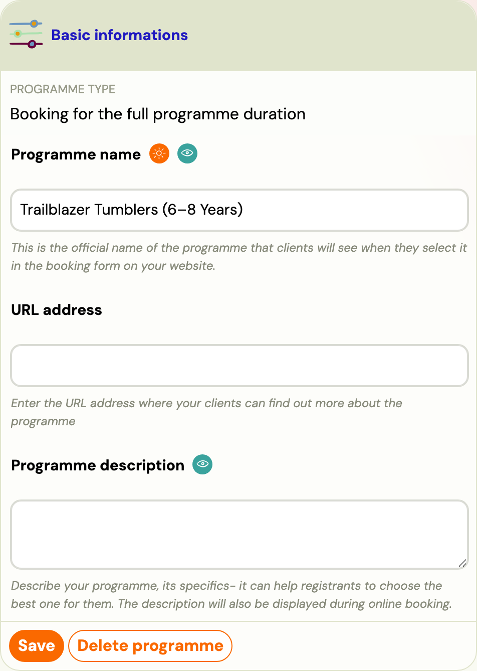 Programme Settings — basic info