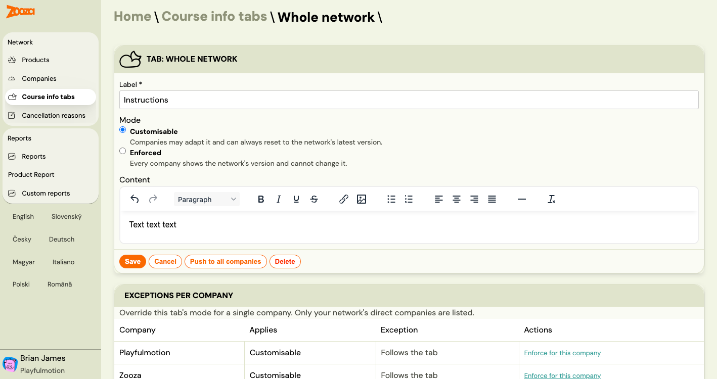 The network Course info tabs editor: Label, a Customisable or Enforced mode choice, a rich-text Content editor, and Save, Cancel, Push to all companies and Delete buttons, above a per-company exceptions table