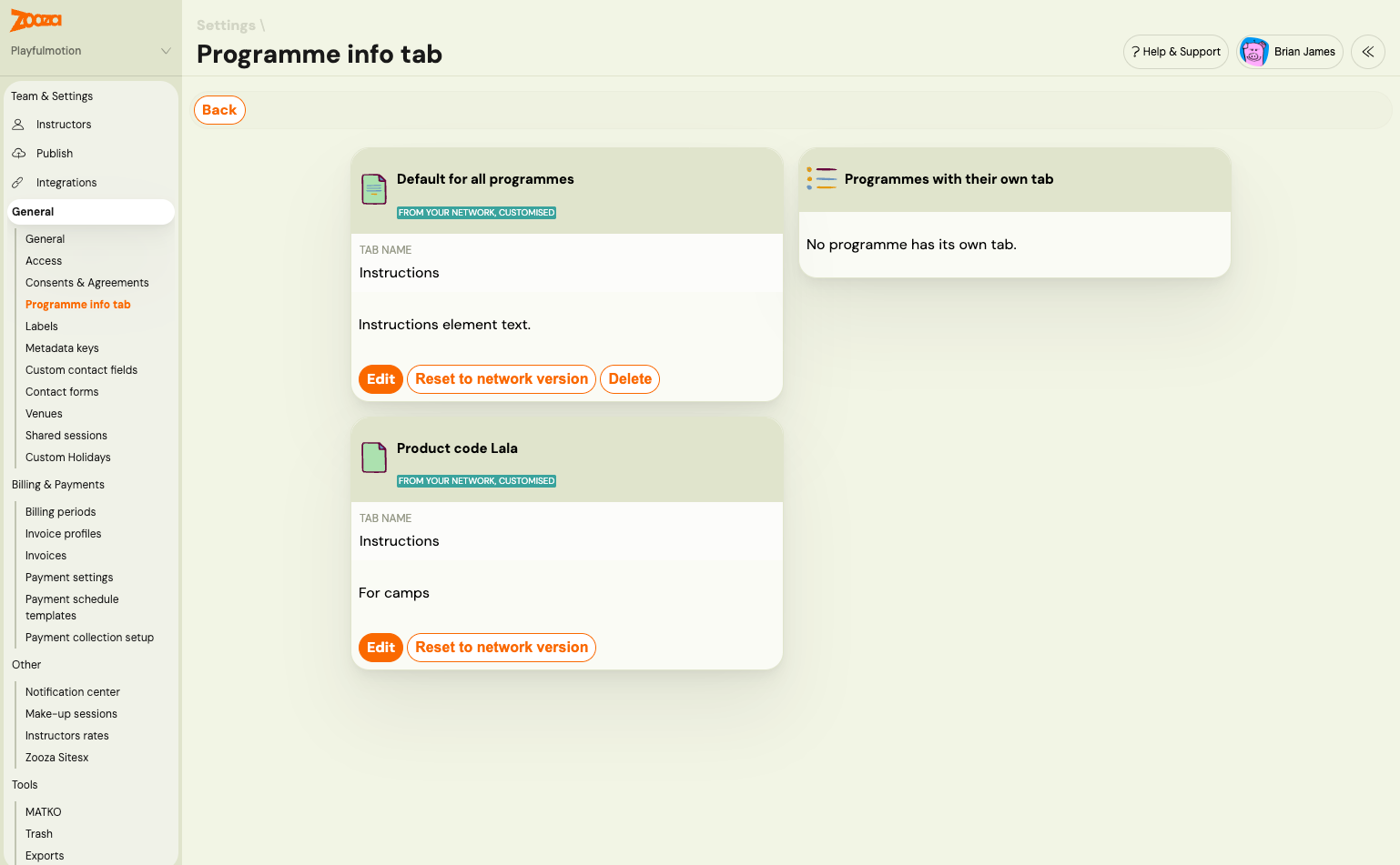 The Programme info tab settings page: a Default for all programmes card and a Product code card, each with Edit, Reset to network version and Delete, beside a panel listing programmes with their own tab
