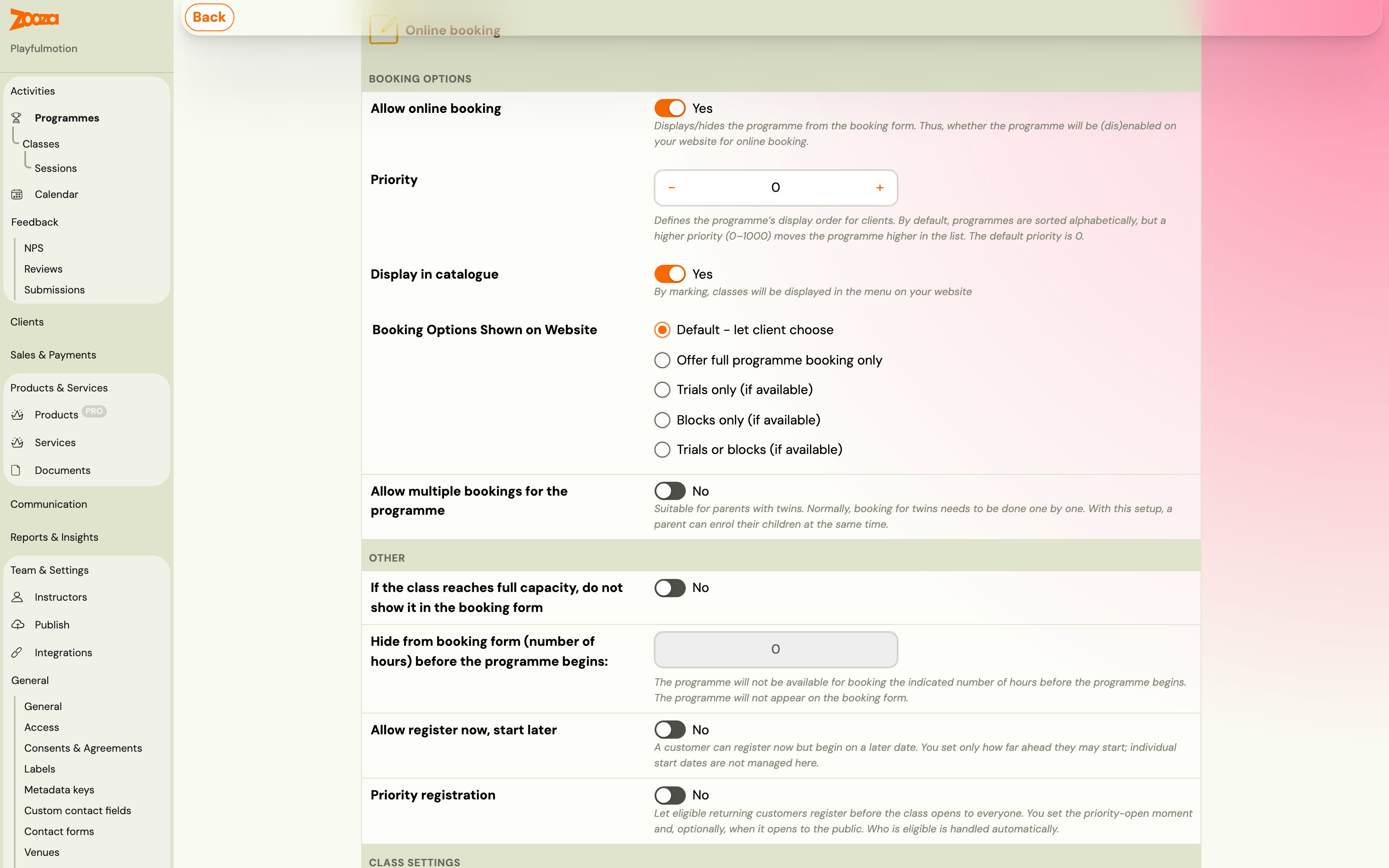 The Priority stepper in Online booking settings, set to 0, with the hint that a higher priority moves the programme up