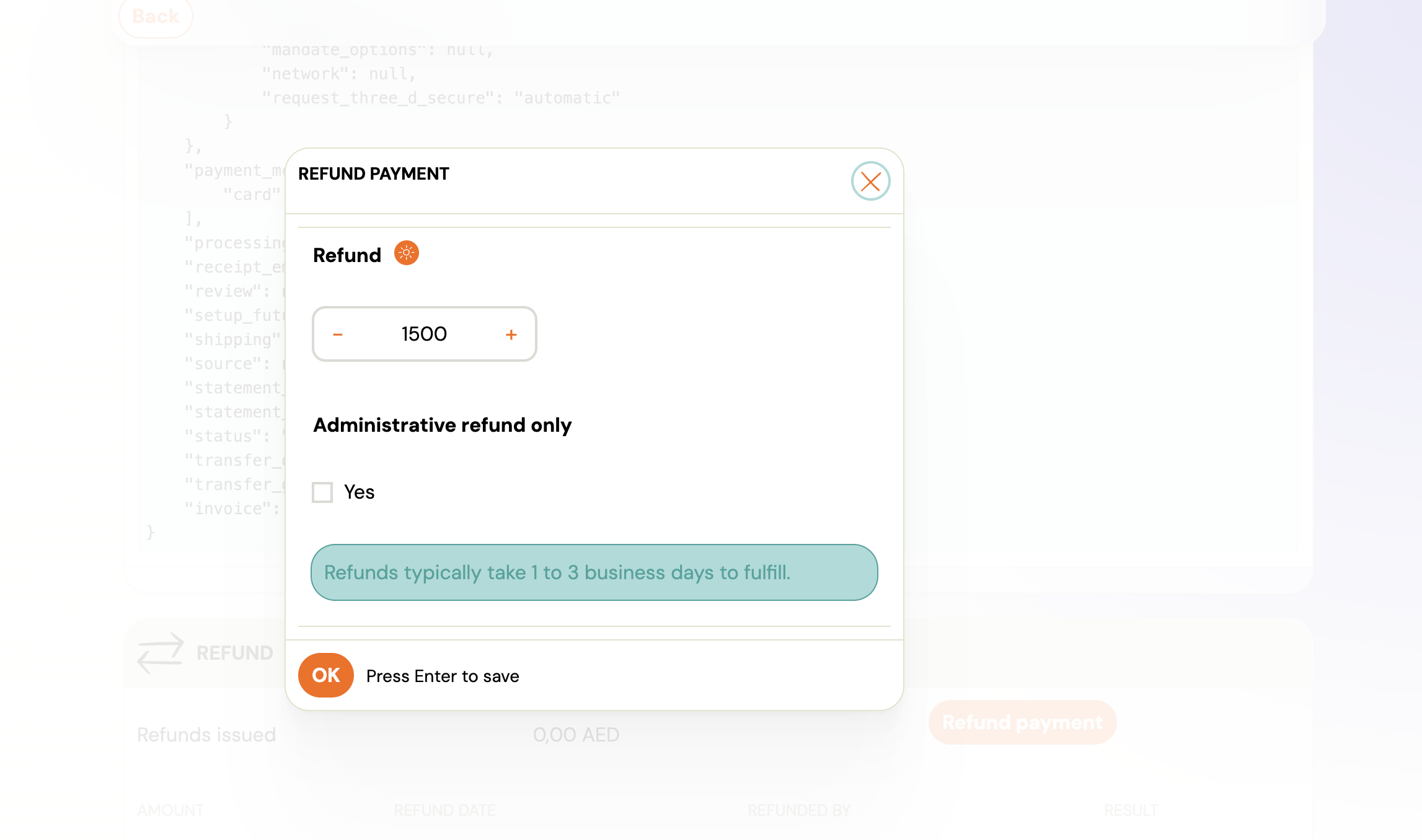 Screenshot — recording an administrative refund