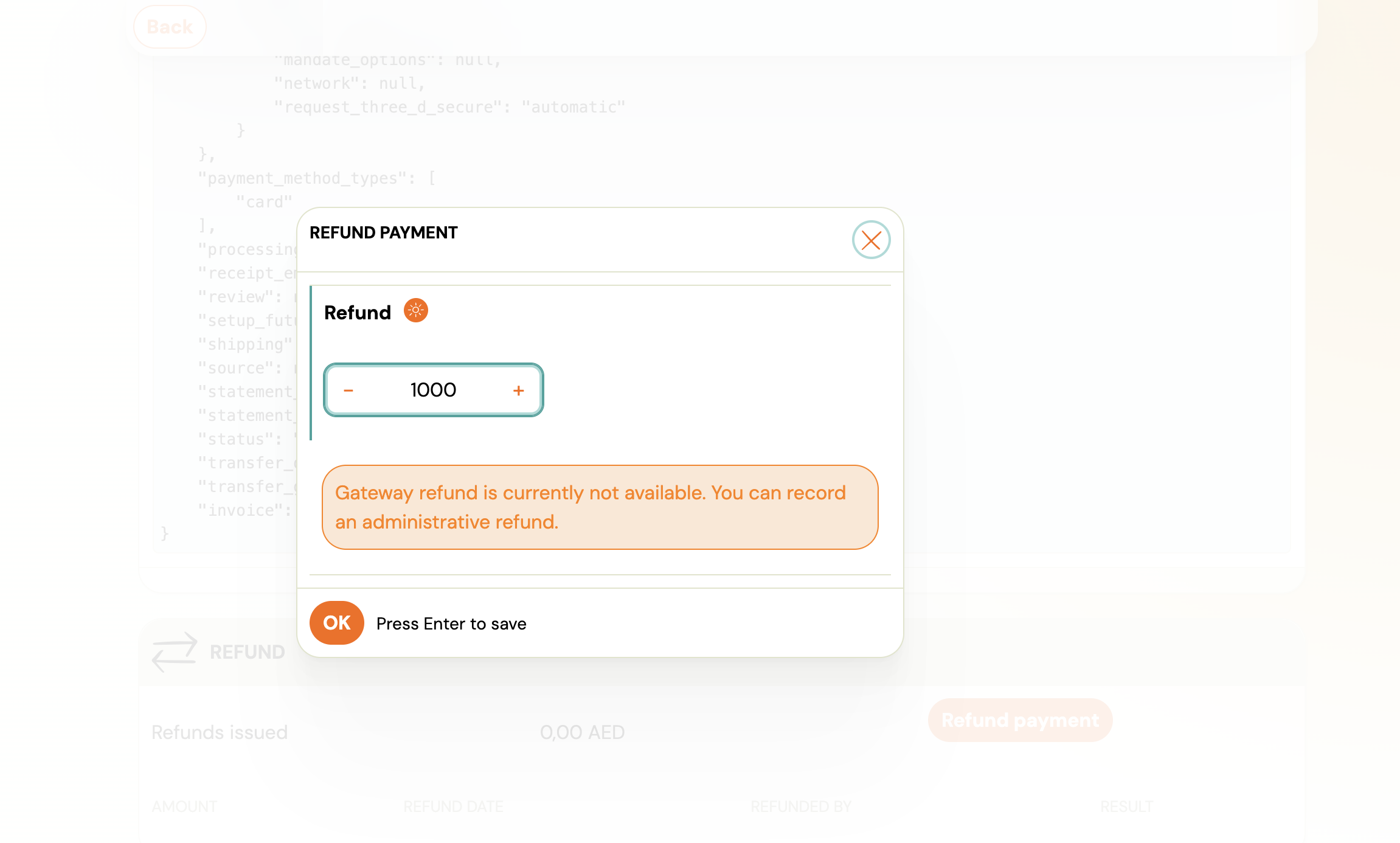 Screenshot — recording an administrative refund