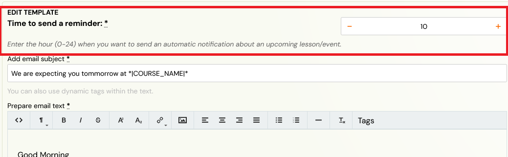 Reminder send-time setting