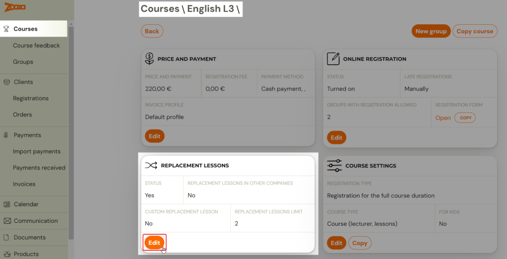 Programme replacement lessons section with Edit button
