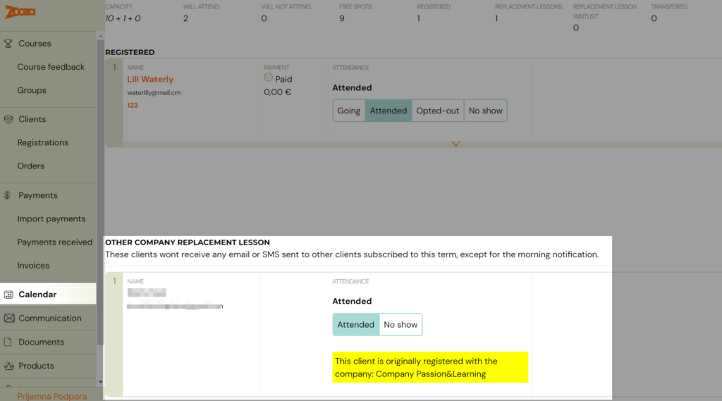 Host branch admin view — replacement client in attendance