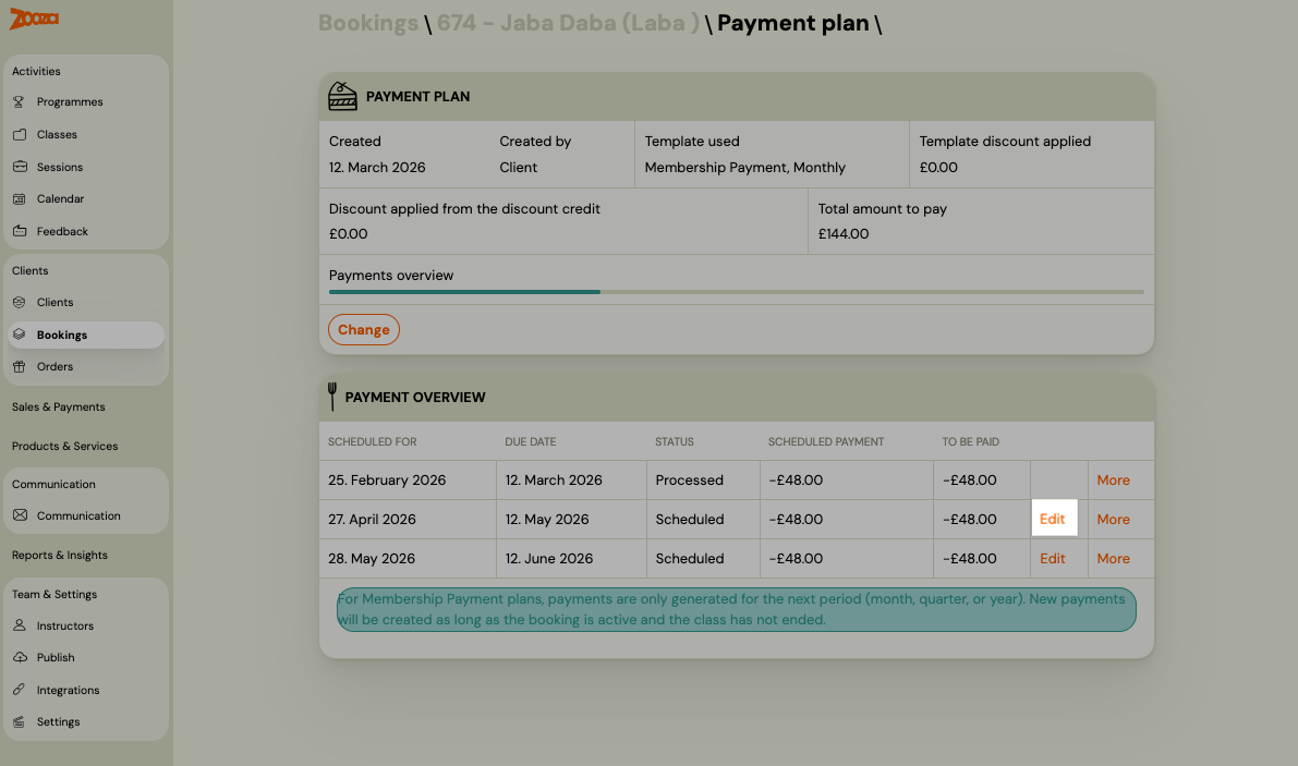 Screenshot — session payment adjustments