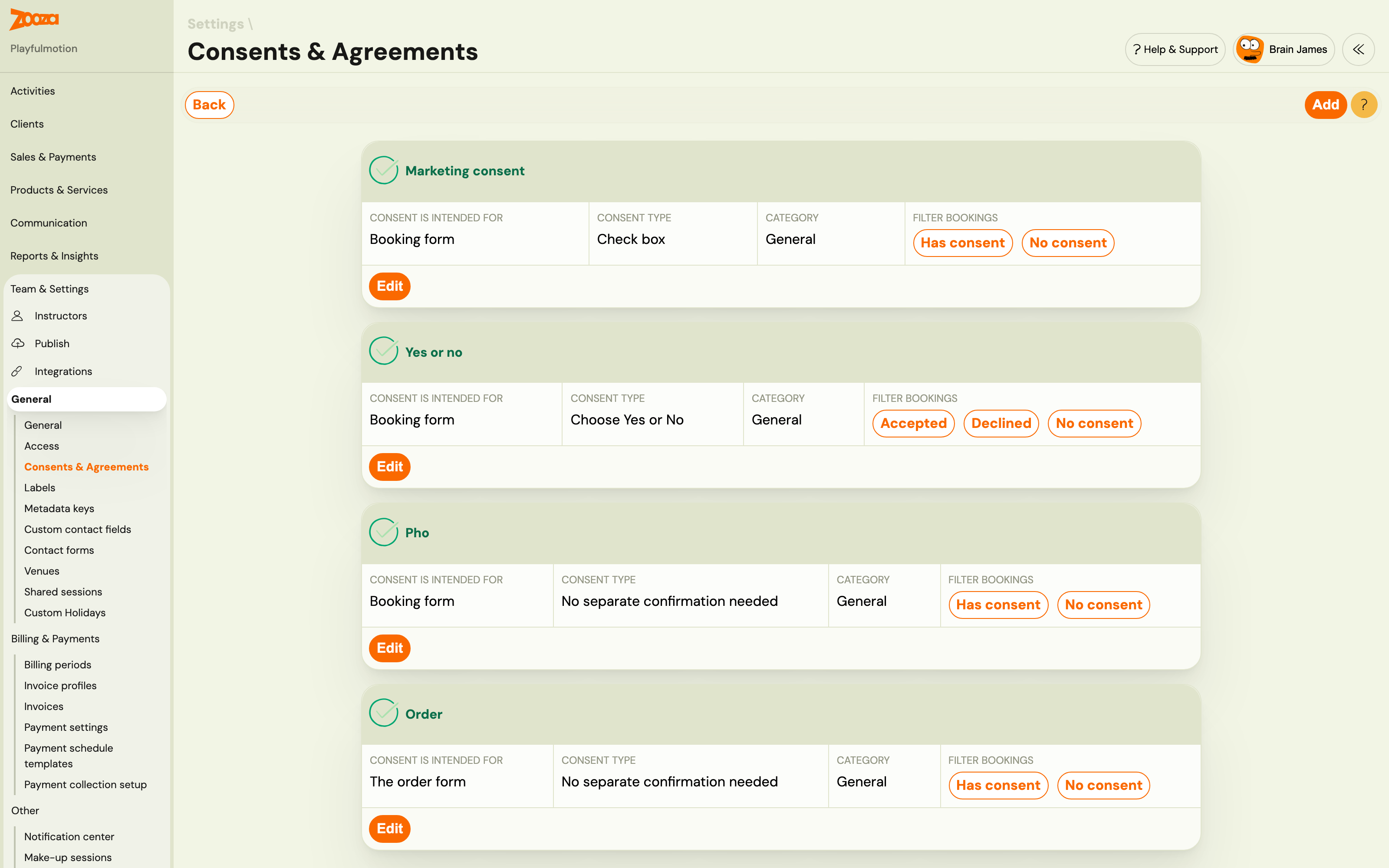 Consents &amp; Agreements list with one card per consent and its filter buttons