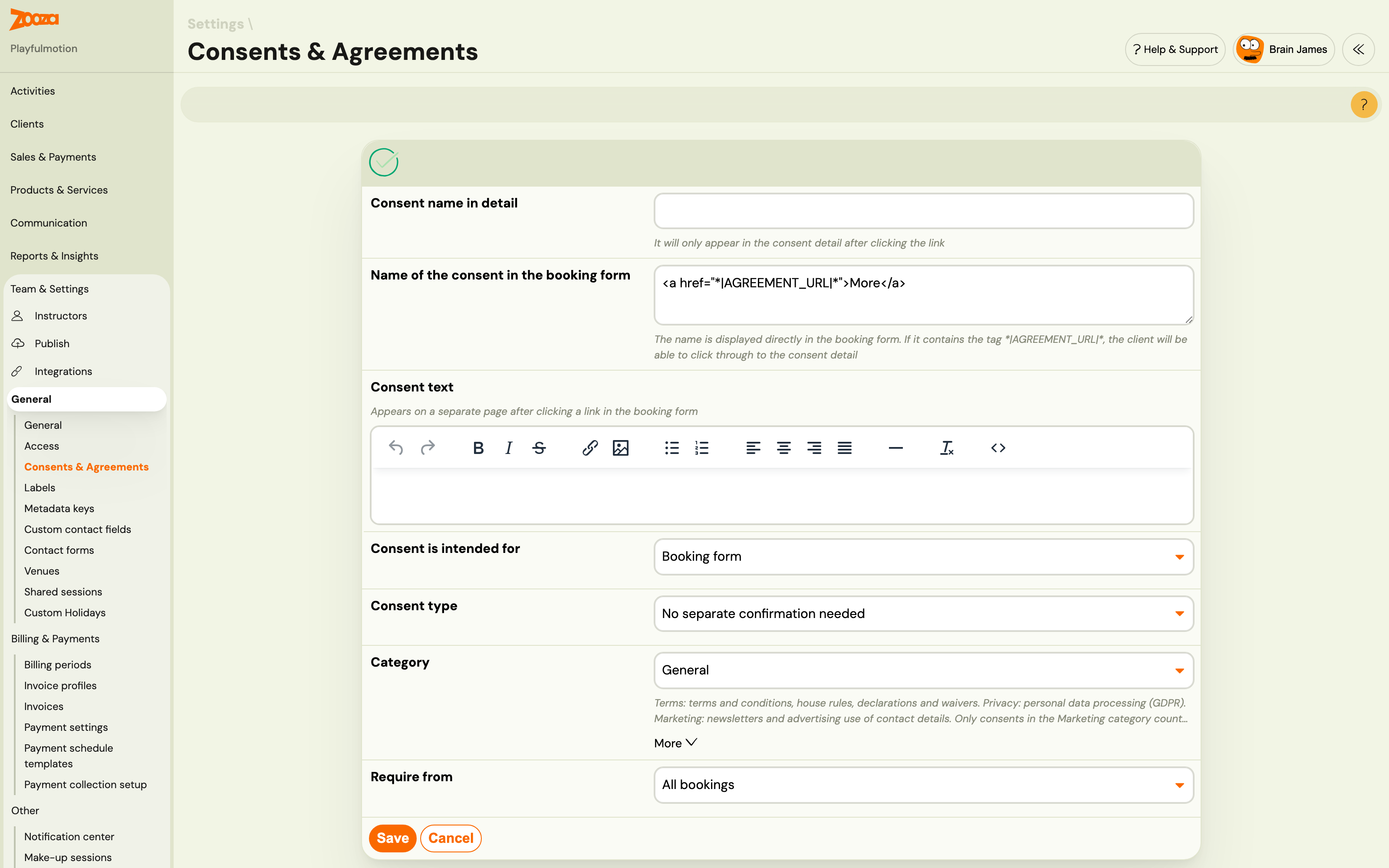 The Add consent form: name, text, intended for, consent type, category