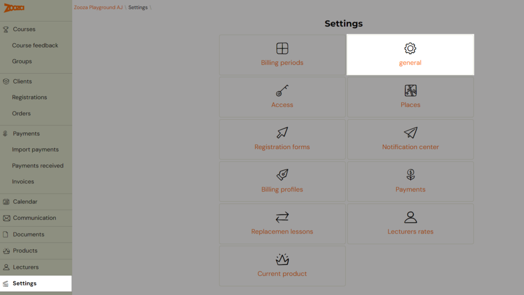 Settings - General menu