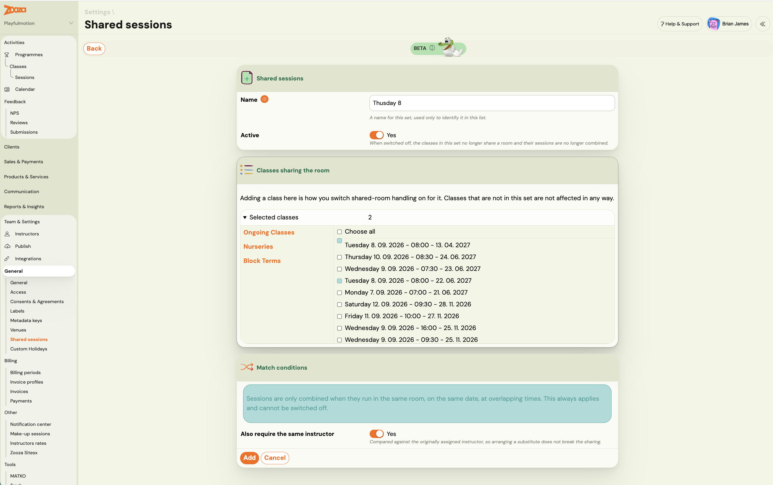 Shared sessions set with its name, class picker grouped by programme, and match conditions