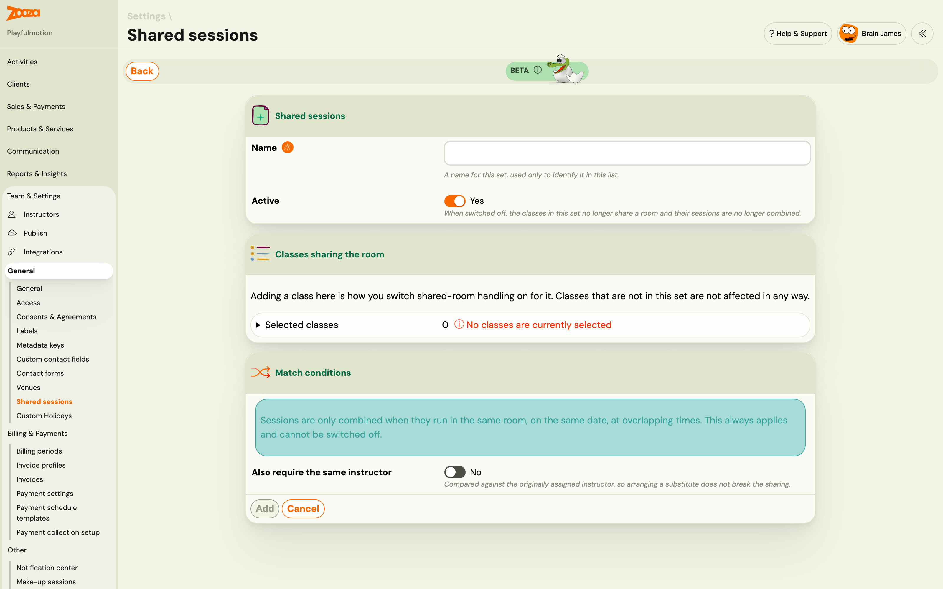 Shared sessions set with its name, class picker grouped by programme, and match conditions