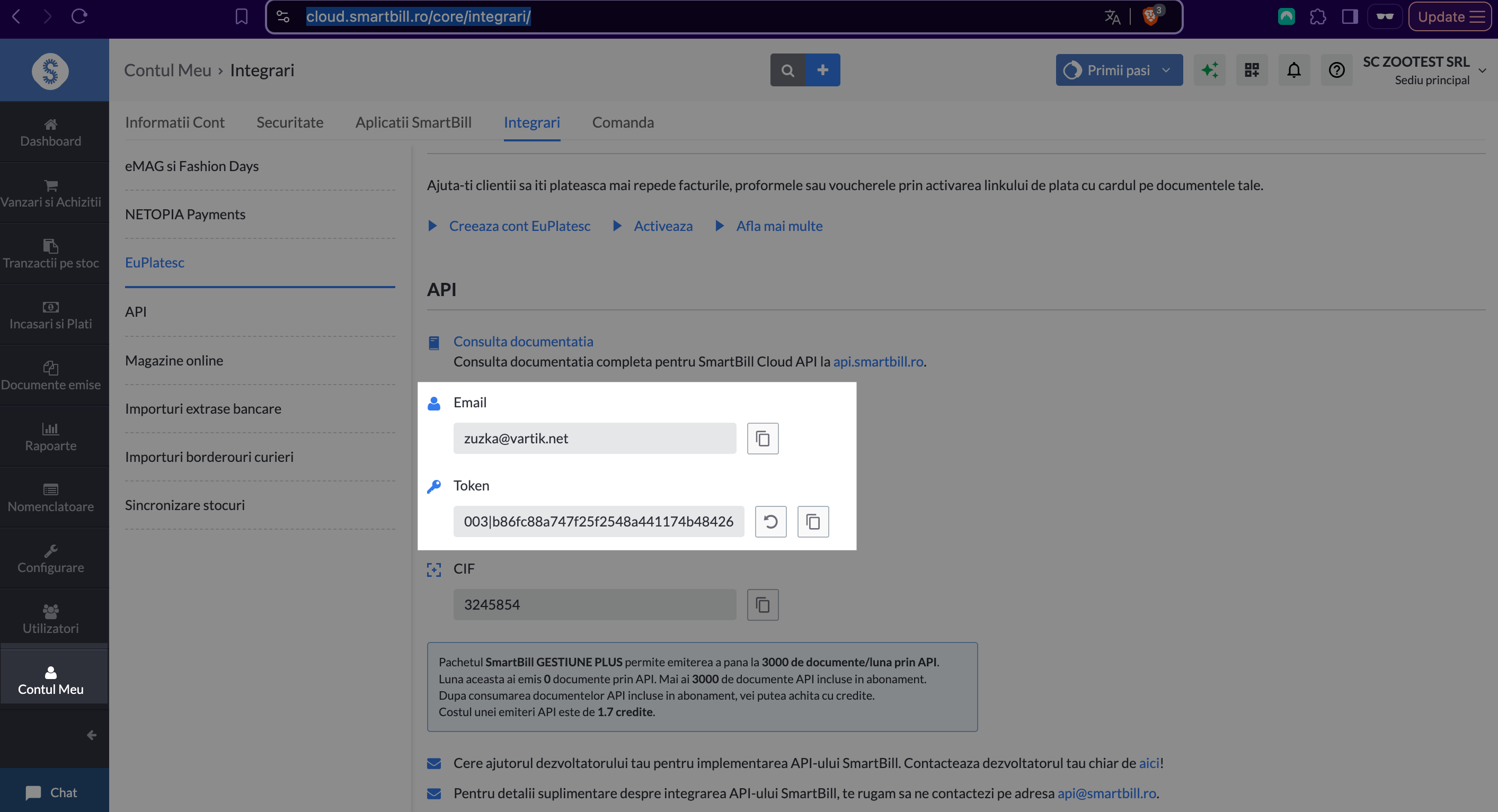 SmartBill API token location in SmartBill