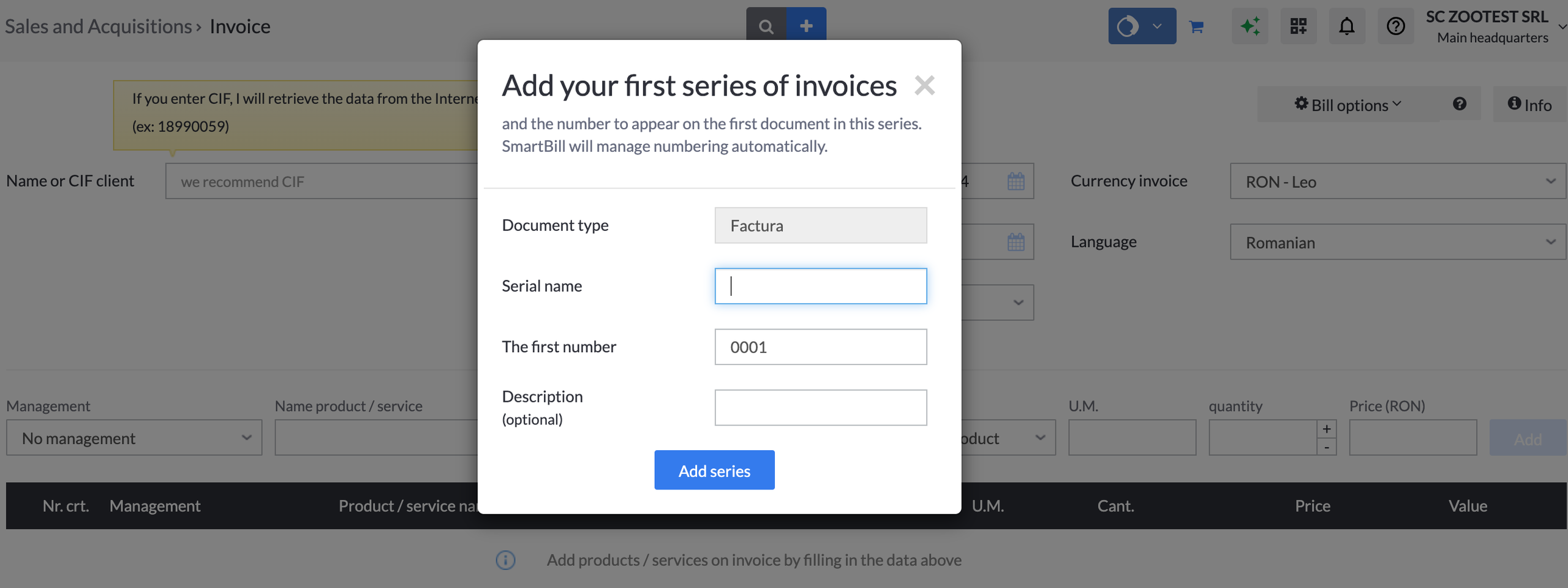 Invoice series selection in billing profile