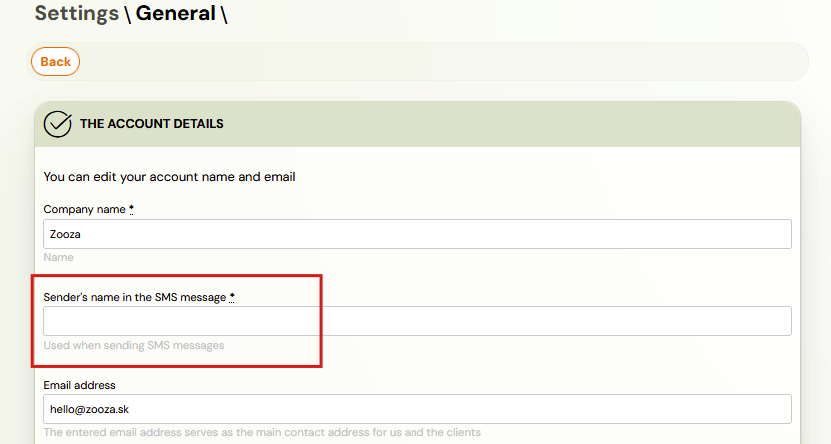 SMS sender name setting