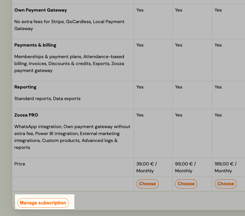The Subscription page: the plan comparison table fills the screen and the Manage subscription button sits on its own underneath it