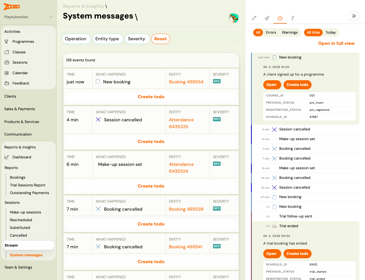 System messages screen showing activity feed on the left and notification sidebar on the right