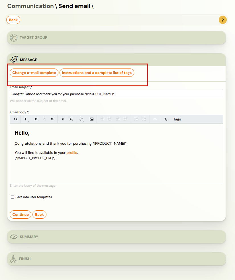 Template or custom message selection