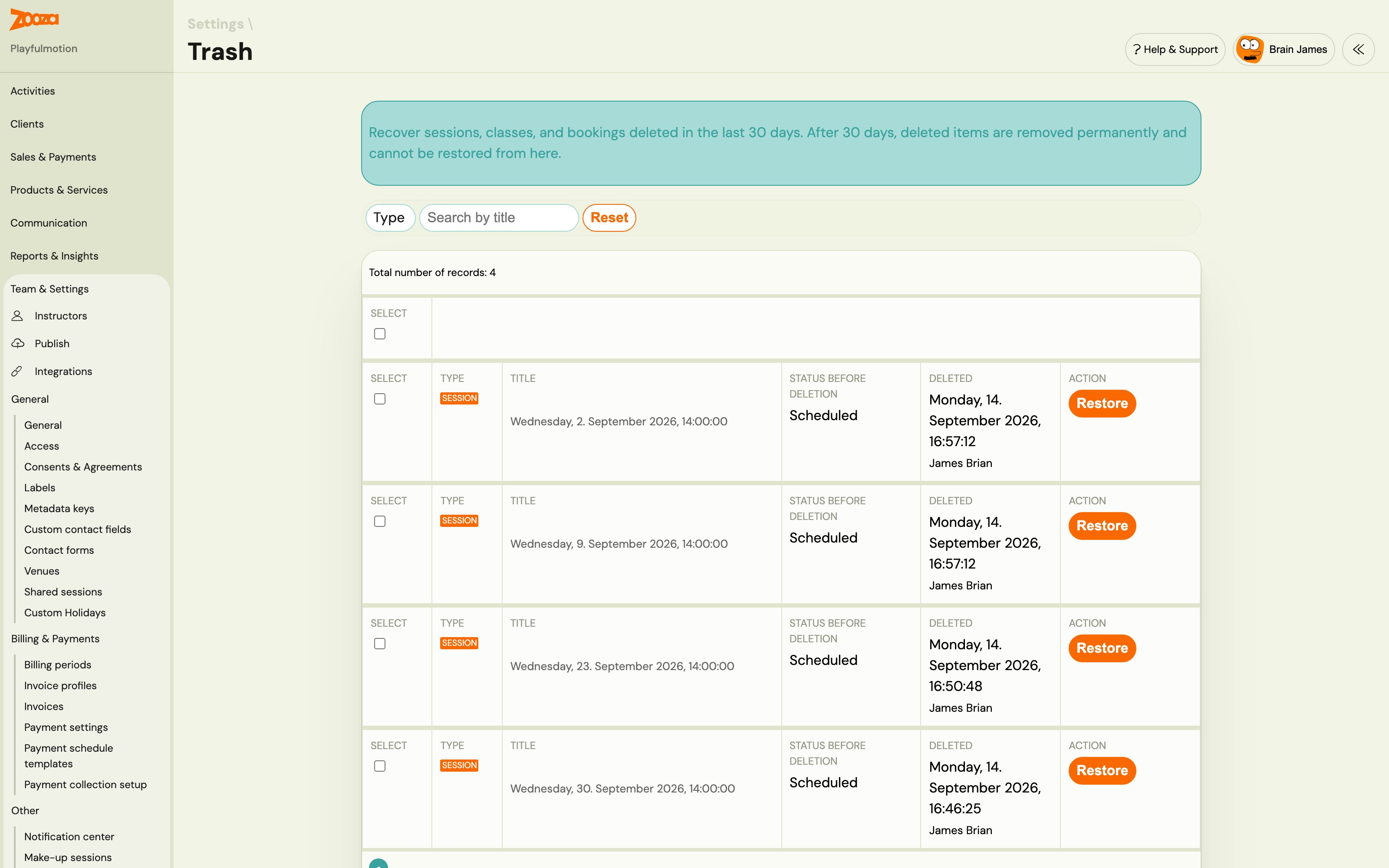 Settings → Tools → Trash: deleted sessions with Restore buttons