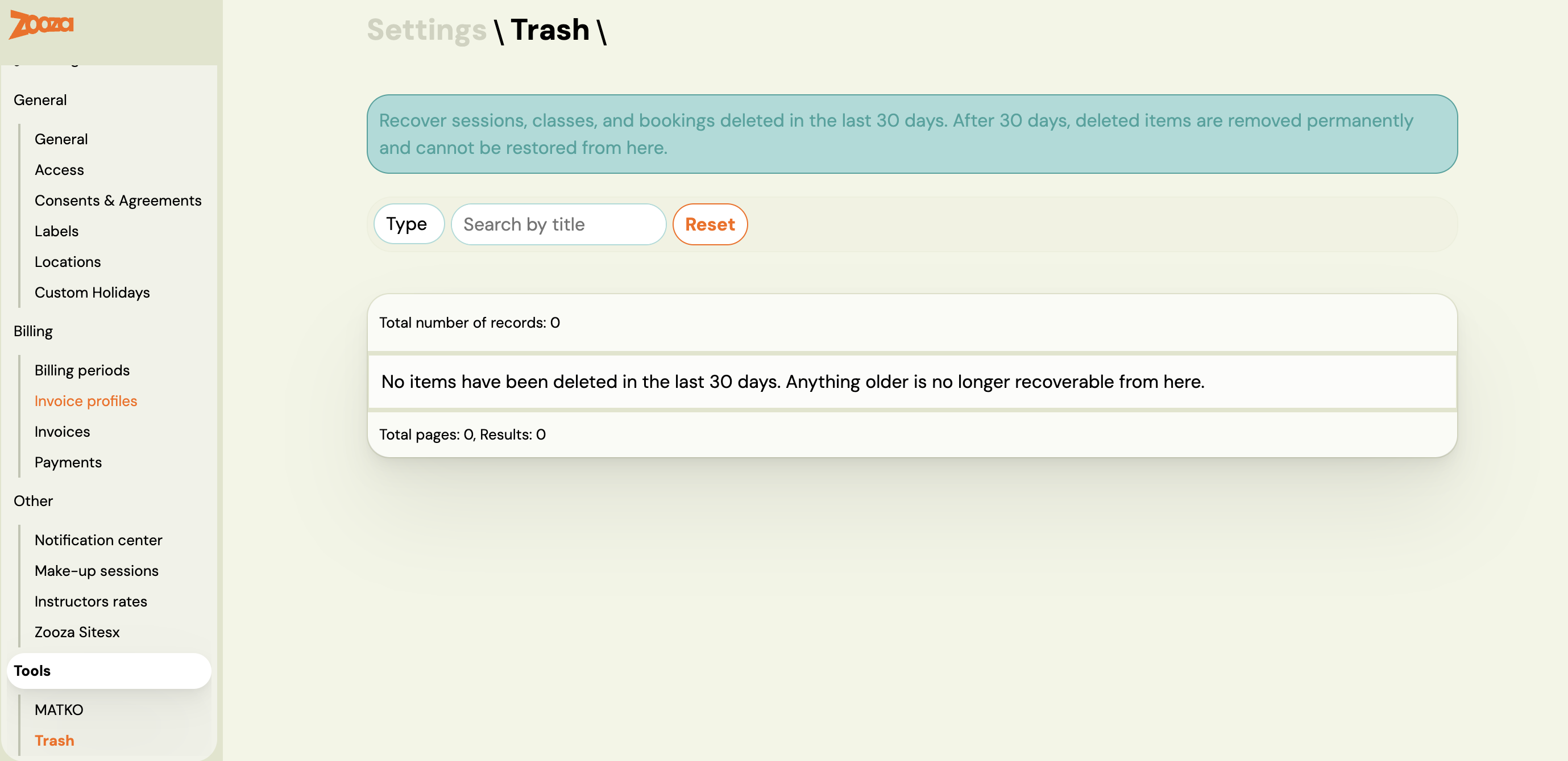 Screenshot — trash and restore