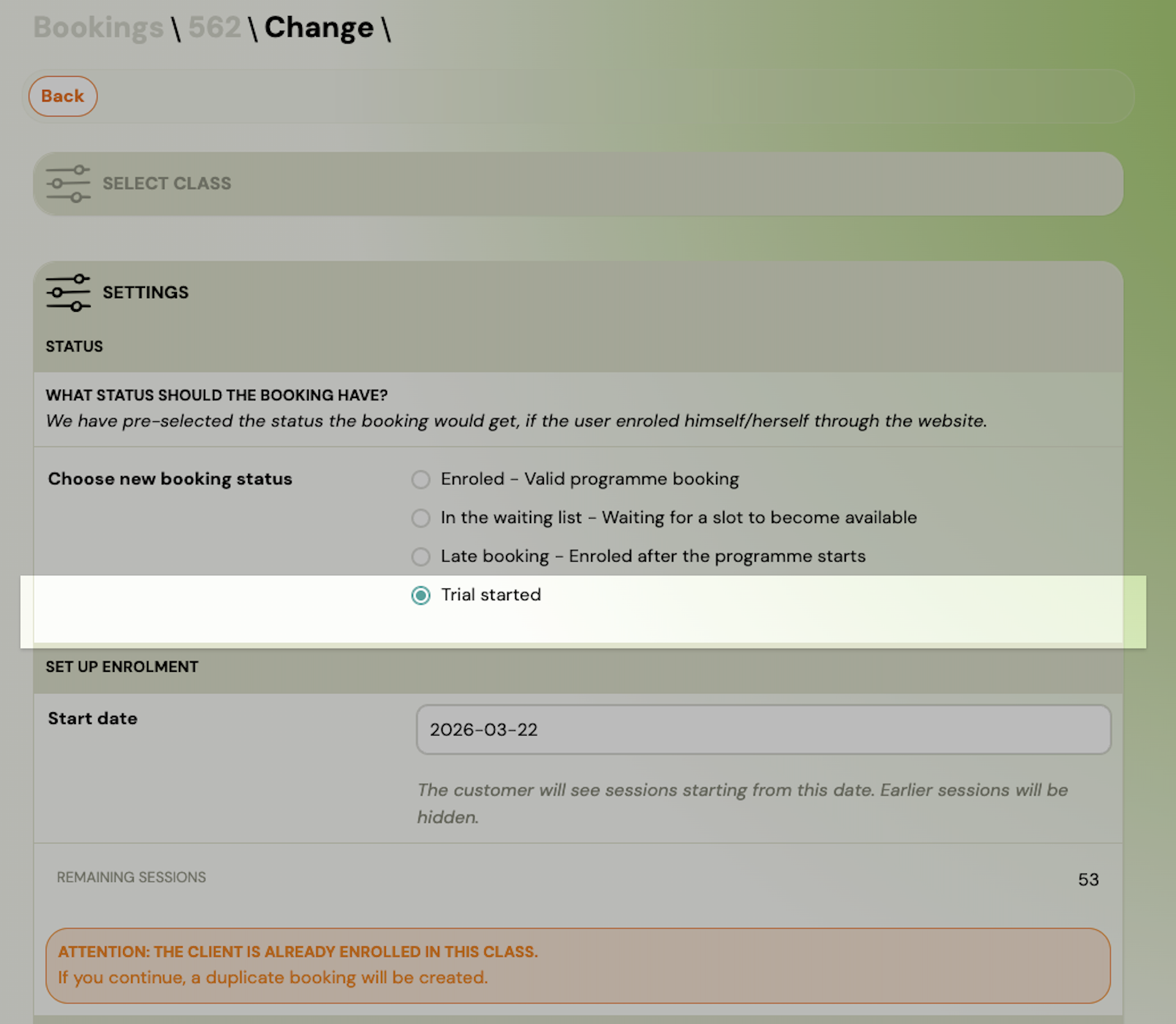 Sessions Shown in Form setting in programme trial settings