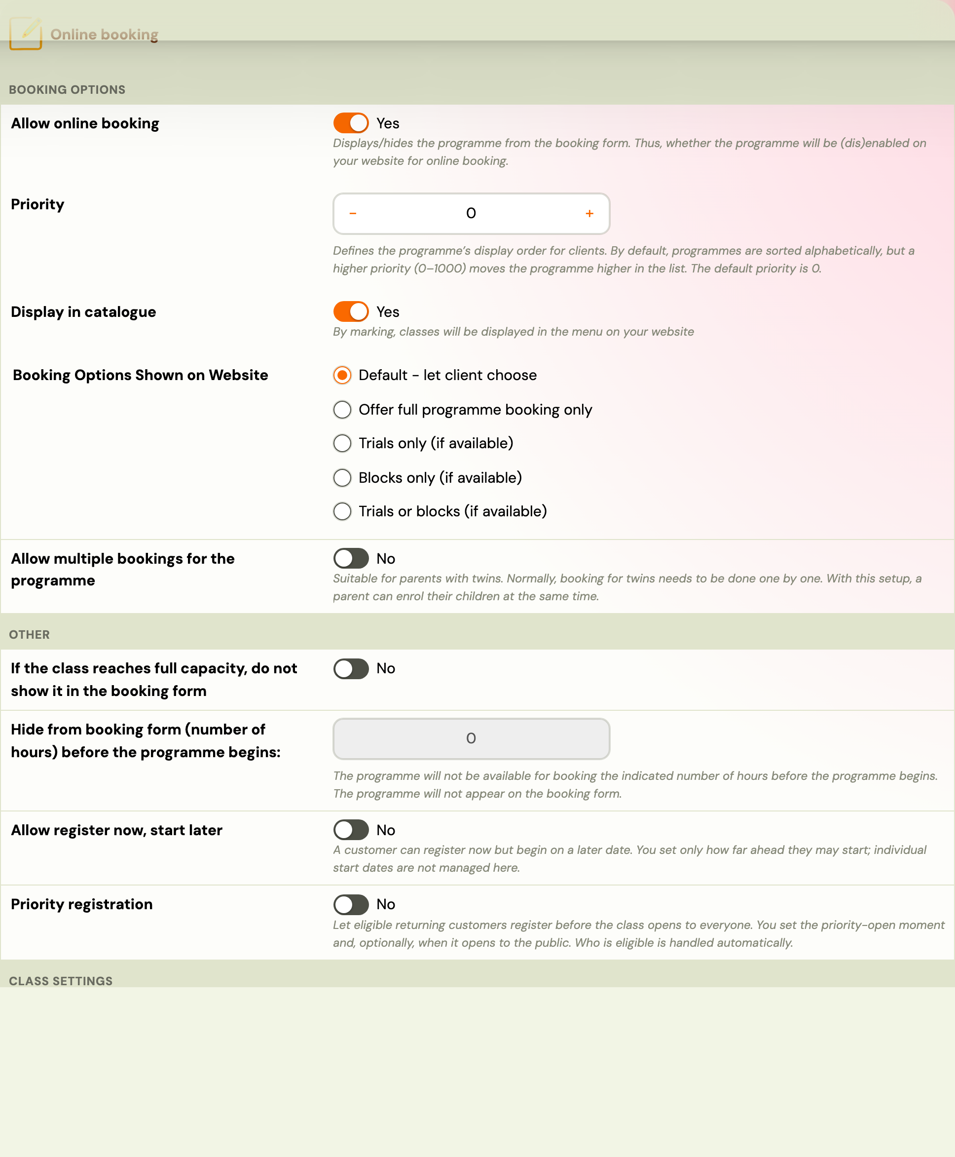 Booking options shown on website — Trials only