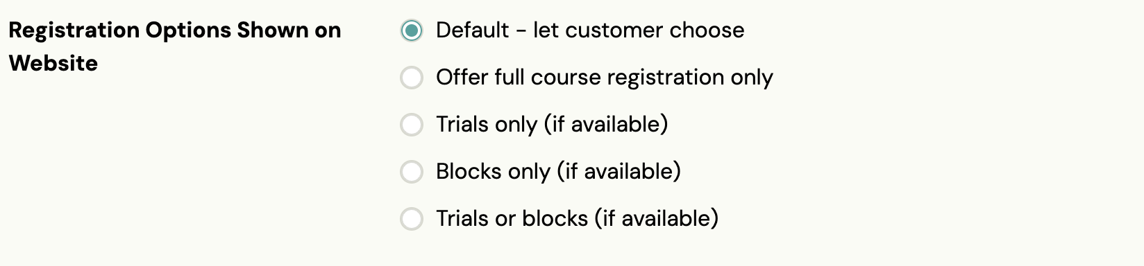 Booking options shown on website — Trials only