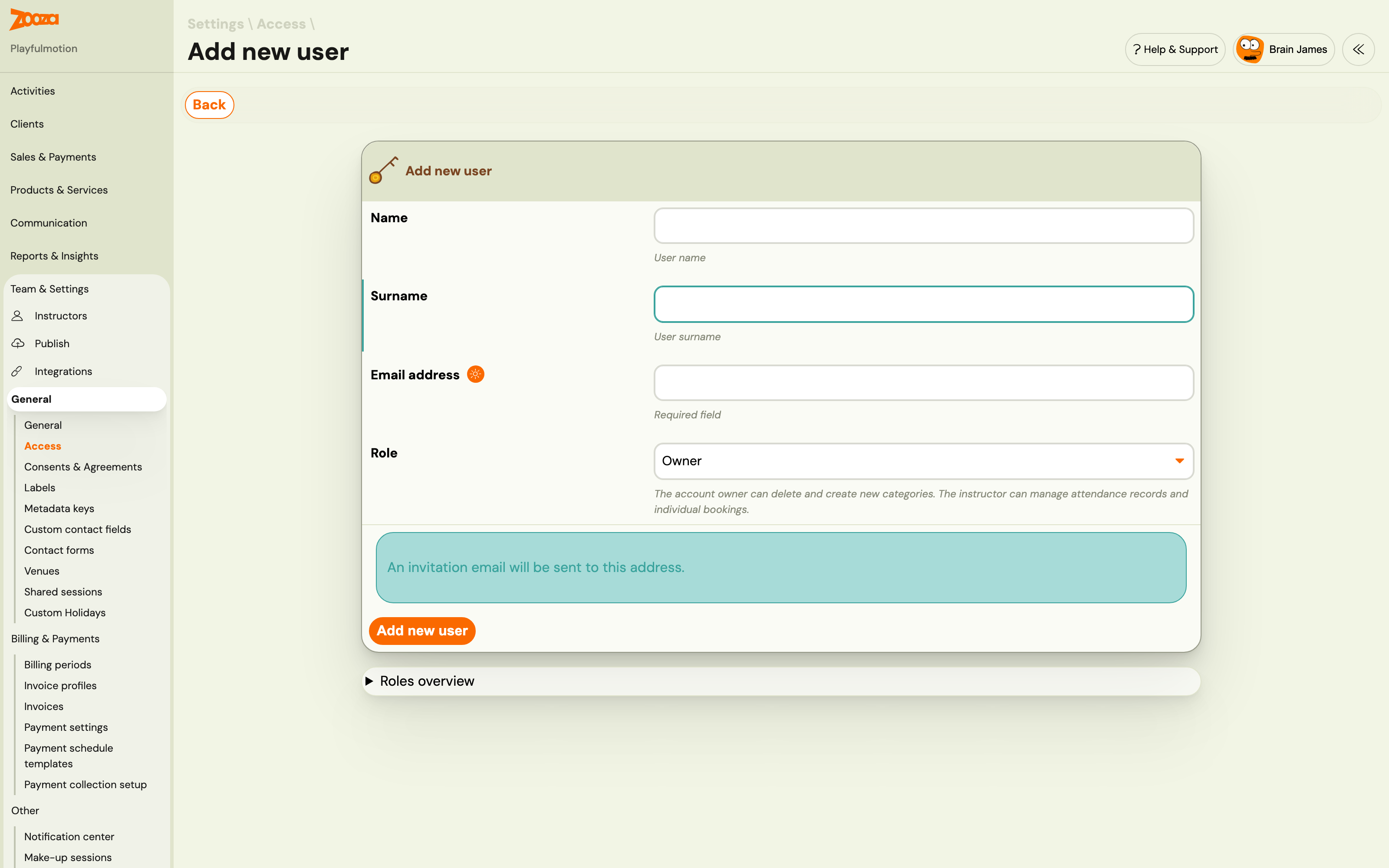 The process of adding a instructor is very simple. Under Settings, open the Access icon...
