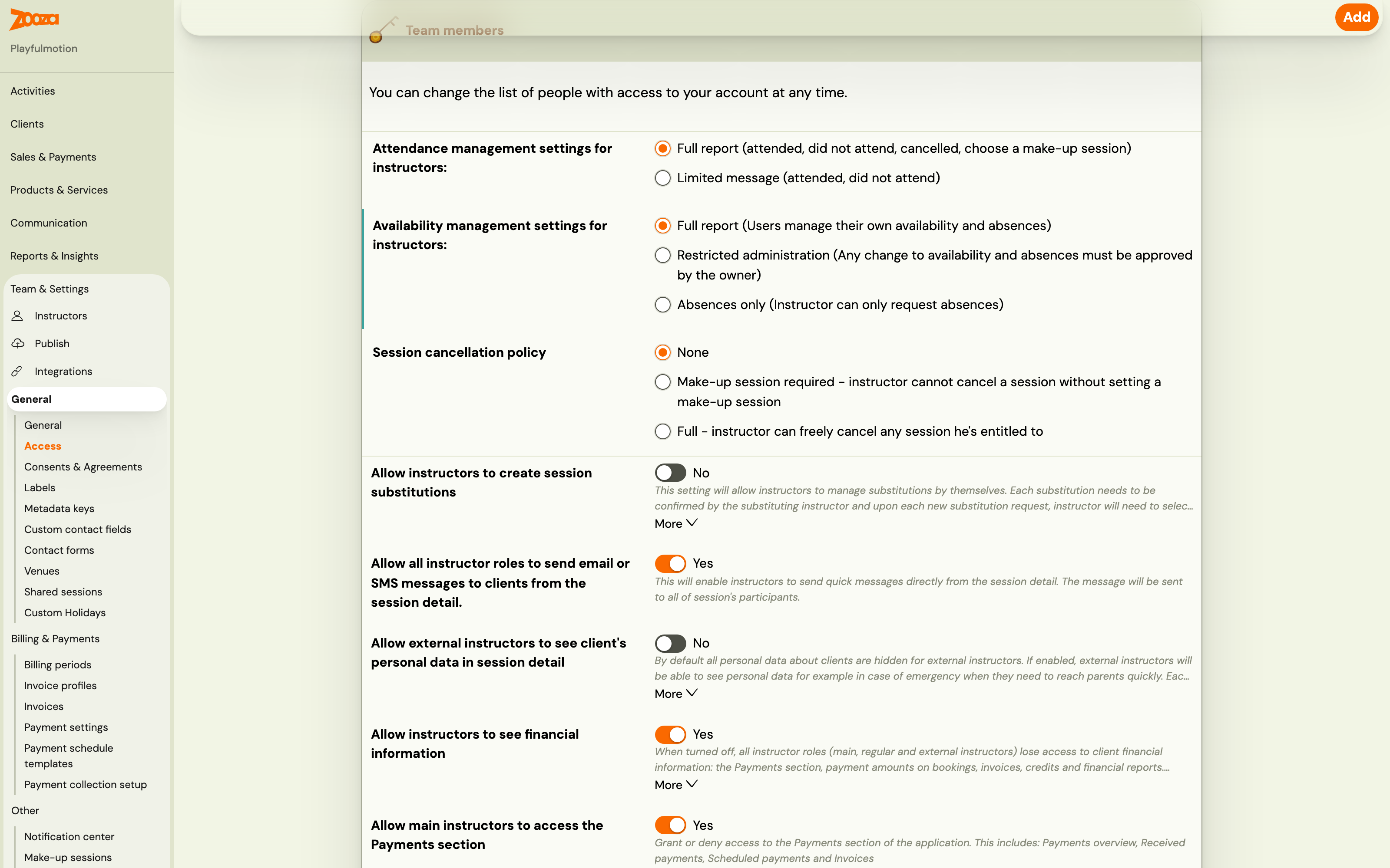 Team and Settings, General, Access — the toggle Allow instructors to see financial information set to Yes, with Allow main instructors to access the Payments section below it