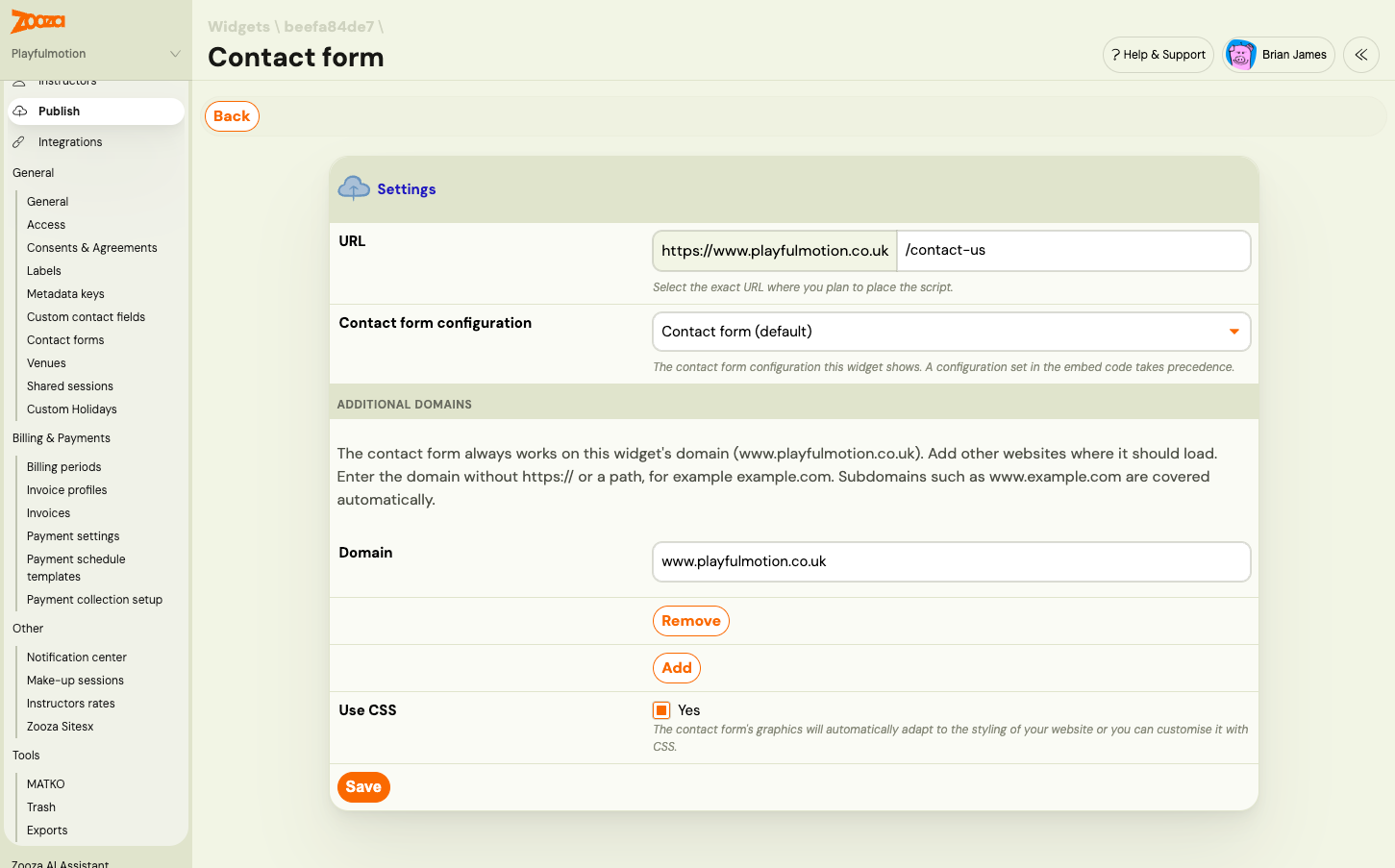 The Contact form settings of a widget: URL, Contact form configuration set to the default, an additional domain, and Use CSS ticked