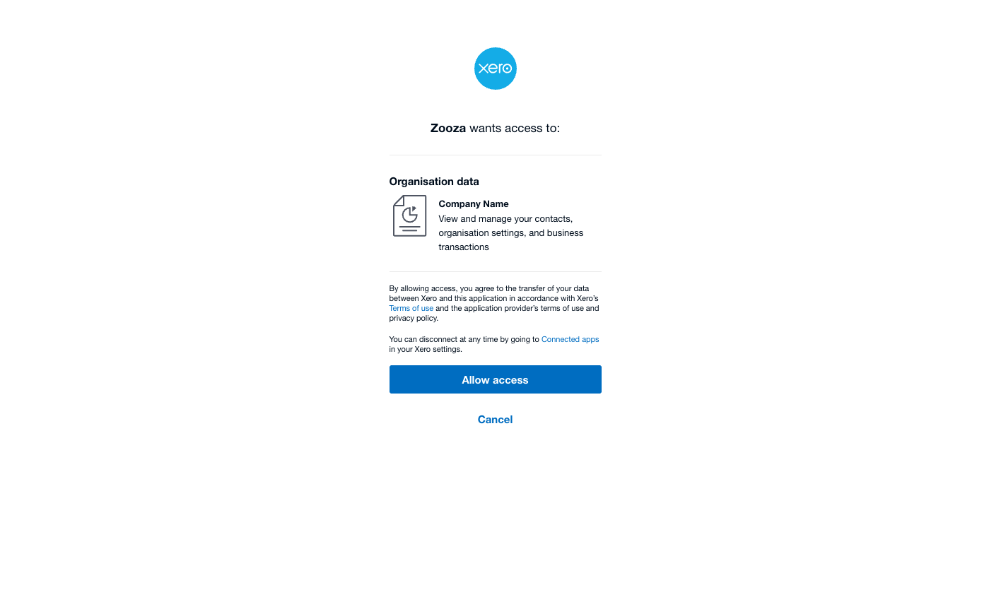 Xero authorization screen