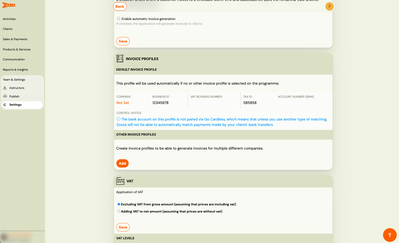 Invoice Profile — VAT payer settings