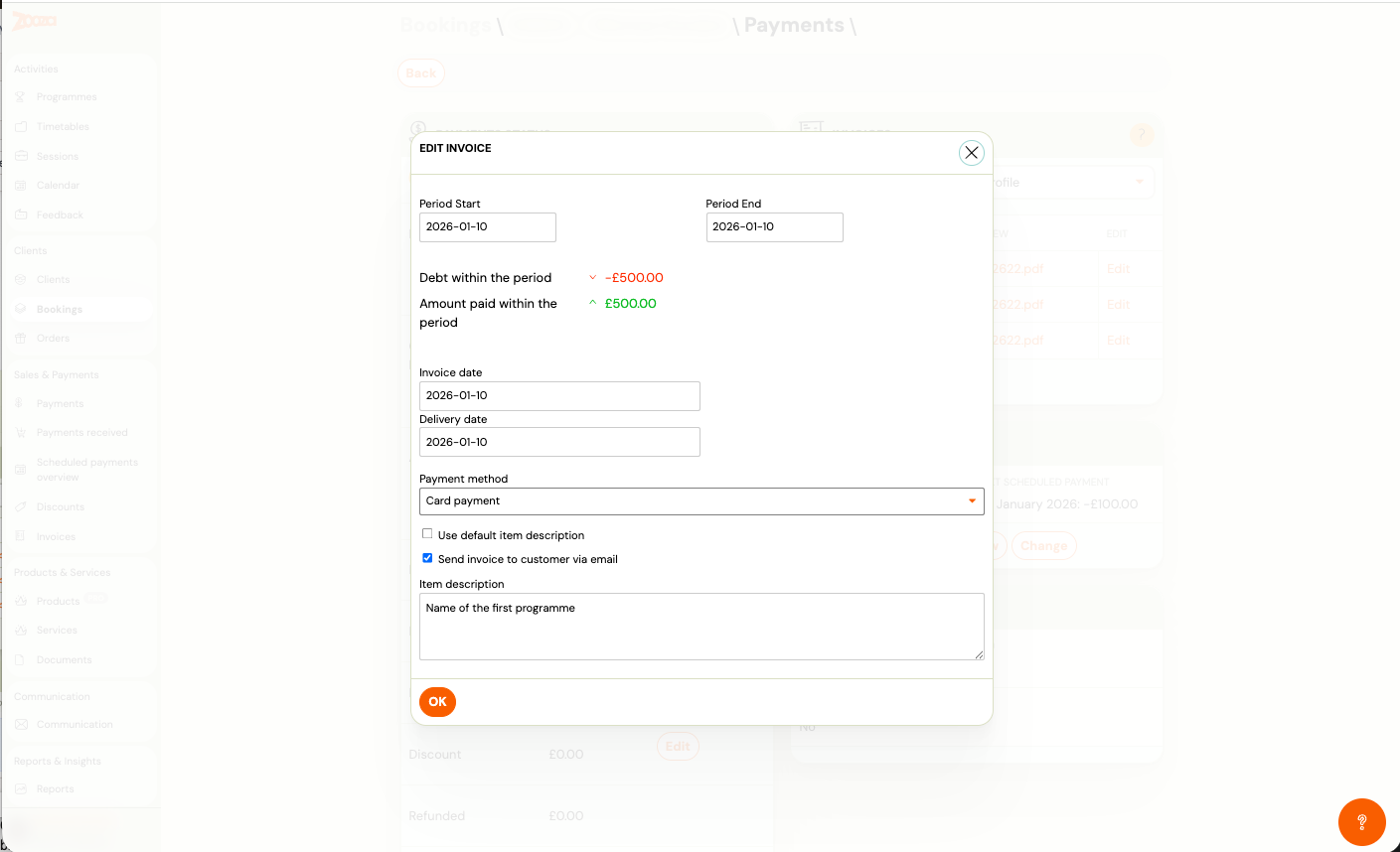 Invoice generation dialog